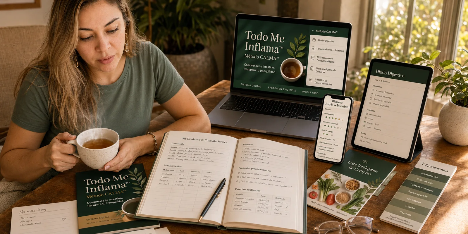 Sistema Todo Me Inflama™ con guía, diario, bitácora, lista de compras y cuaderno de consulta